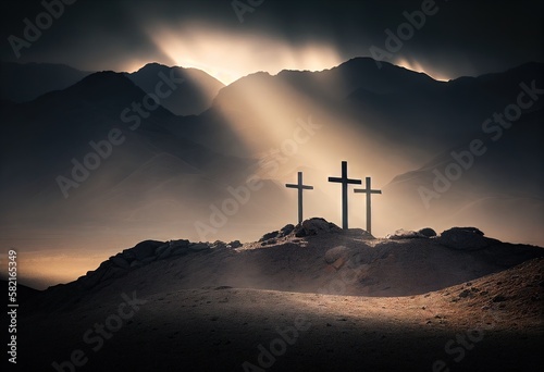 Fotografering Symbolic Scene: Calvary Crosses Amidst Majestic Mountains and Foggy Sunbeams