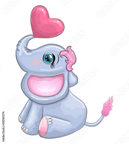 Cute cartoon elephant  childish character with beautiful eyes with a heart