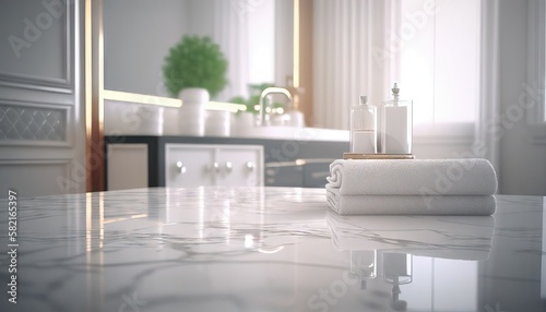 Minimalist White Bathroom with Marble Tabletop for Product Display. Generative AI.