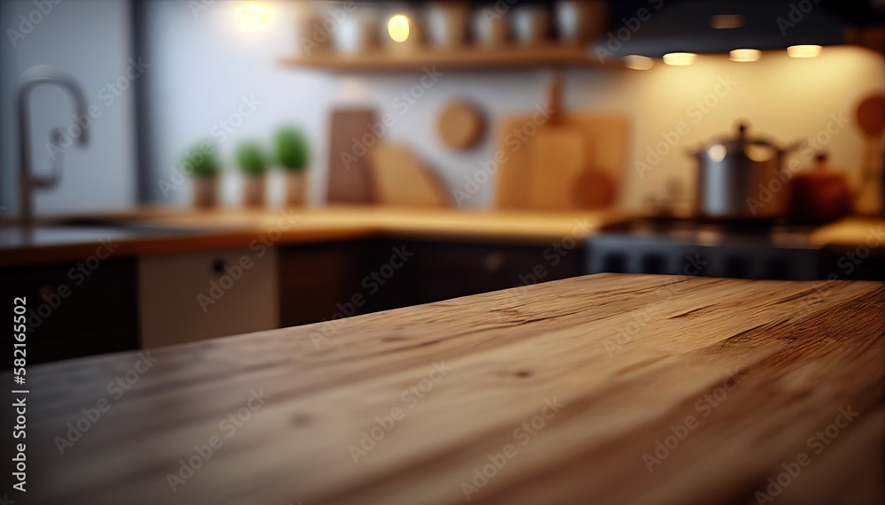 Wooden desk of free space and kitchen interior. Generative AI.