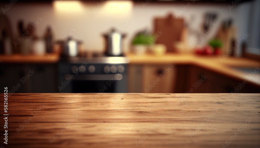 Wood table top on blur kitchen counter background. Generative AI. Wood table top on blur kitchen counter background. Generative AI.