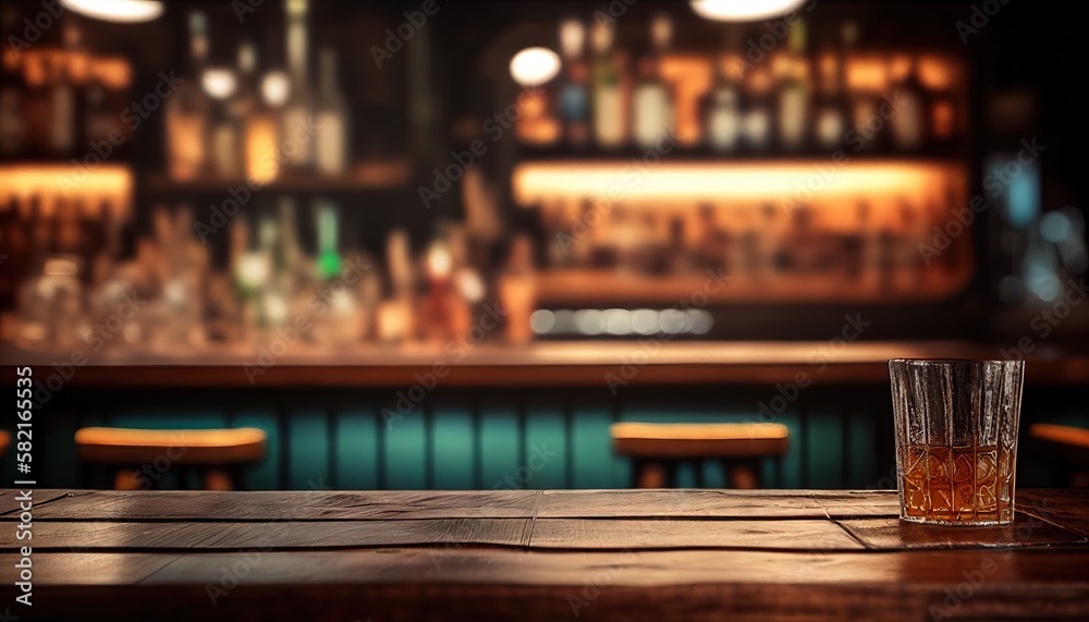 Empty the top of the wooden table with blurred counter bar and bottles Background. Generative AI.