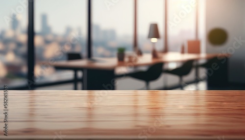 Wooden table in a light office with panoramic windows. Generative AI.