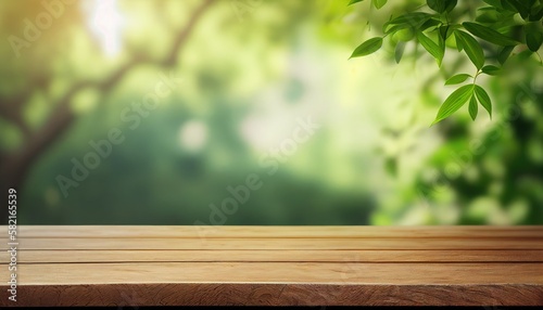 Wooden table and blurred green nature garden background. Generative AI.