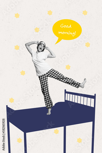 Vertical collage image of young woman stand on one leg on big bed have good mood wish good morning weekend vacation day off