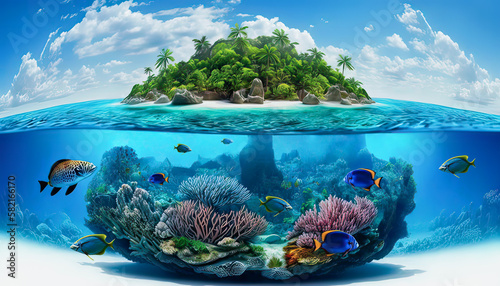 Ocean Tropical island with colorful underwater world. Generative AI. photo