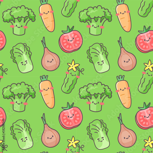 Cute vector seamless pattern with happy vegetable characters