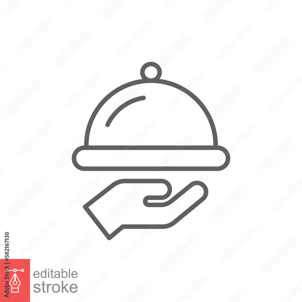 Tray icon. Simple outline style. Hand with a tray, waiter, Butler, platter, restaurant concept. Thin line symbol. Vector illustration isolated on white background. Editable stroke EPS 10. Tray icon. Simple outline style. Hand with a tray, waiter, Butler, platter, restaurant concept. Thin line symbol. Vector illustration isolated on white background. Editable stroke EPS 10.