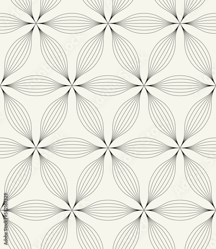 Vector seamless pattern. Monochrome graphic design. Decorative geometric linear leaves. Regular floral background with elegant petals. Contemporary stylish ornament. Linear Art Nouveau.