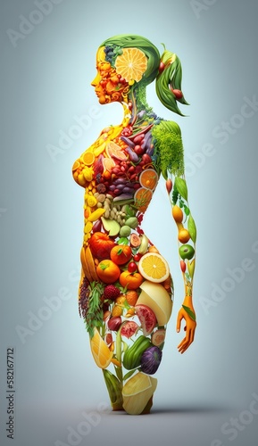 Female Body Made up of Fresh Healthy Vegetable World Health Day Concept Background. Generative Ai.
