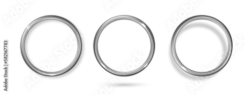 Silver metal ring isolated. Metal circle empty frame realistic. 3d border with glow shine and light effect