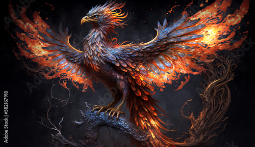 Phoenix bird risen from the ashes, fire bird. Burning bird.