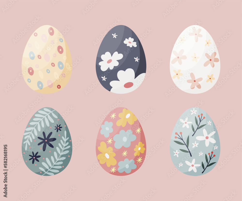 Set of colorful  Easter eggs on pink backgroung