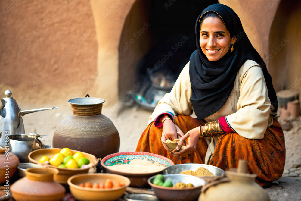 A smiling young Arab or Bedouin woman cooking traditional food. Created