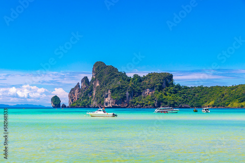 Koh Phi Phi Don Thailand island beach lagoon limestone rocks. © arkadijschell