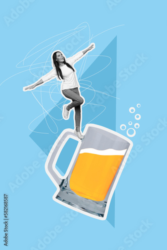 Creative poster template collage of funny young lady have celebration with friends drink big glass white light beer mug © deagreez