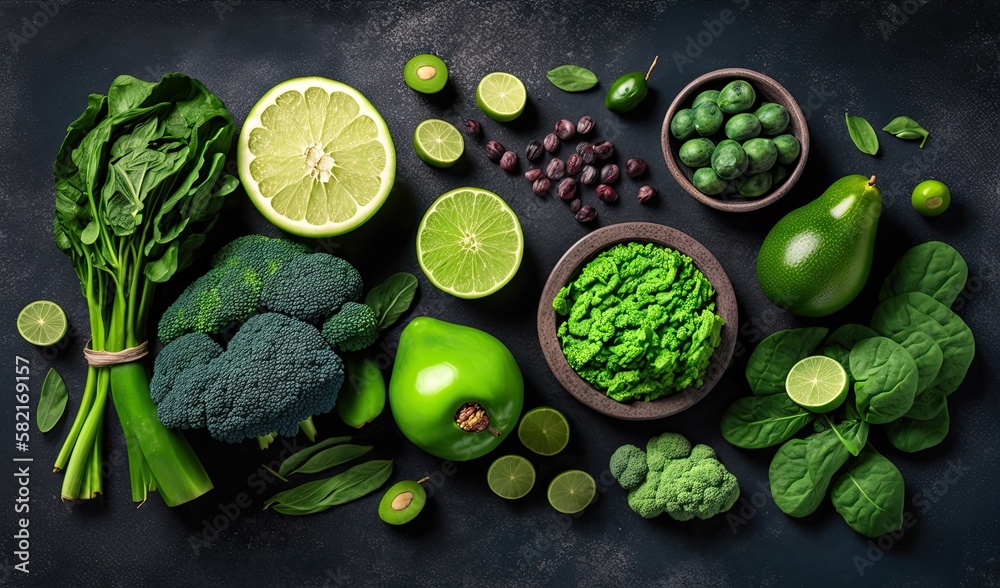 Flat Lay of Fresh Healthy Vegetable on Dark Background. generative Ai. Flat Lay of Fresh Healthy Vegetable on Dark Background. generative Ai.