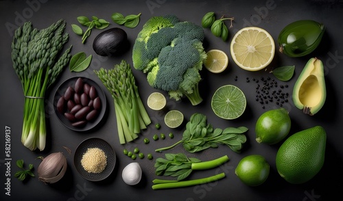 Flat Lay of Fresh Healthy Vegetable on Dark Background. generative Ai.
