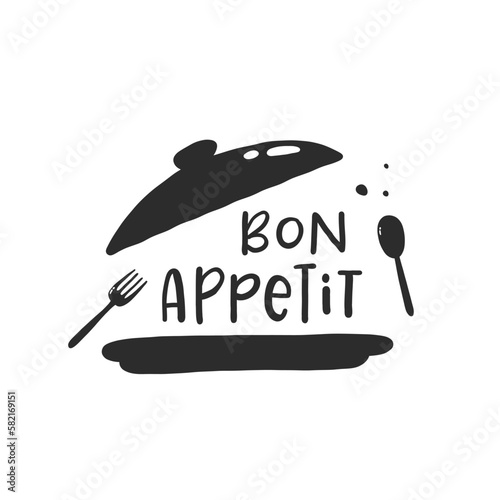 Bon appetit. Hand drawn vector illustration. For badges, labels, logo, bakery, street festival, farmers market, country fair, shop, kitchen classes, cafe, food studio