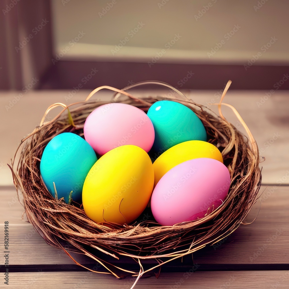 colourful easter eggs in basket 