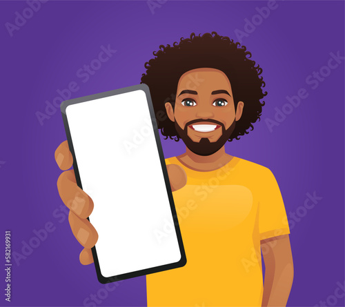 Handsome man showing blank phone screen on purple background vector illustration 