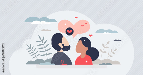 Empathy in marriage or relationship for love harmony tiny person concept. Couple together with common feelings awareness, mental compassion and partner emotional understanding vector illustration.