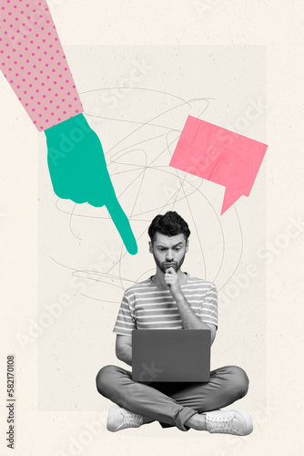 Creative minimal photo collage artwork stereotype minded office worker guy sitting hold netbook cyberbullying internet isolated on beige background