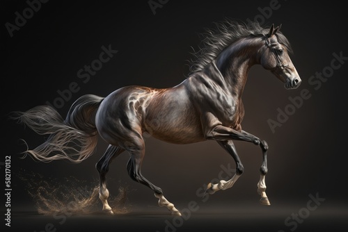 Running brown horse on black background. Generative AI.