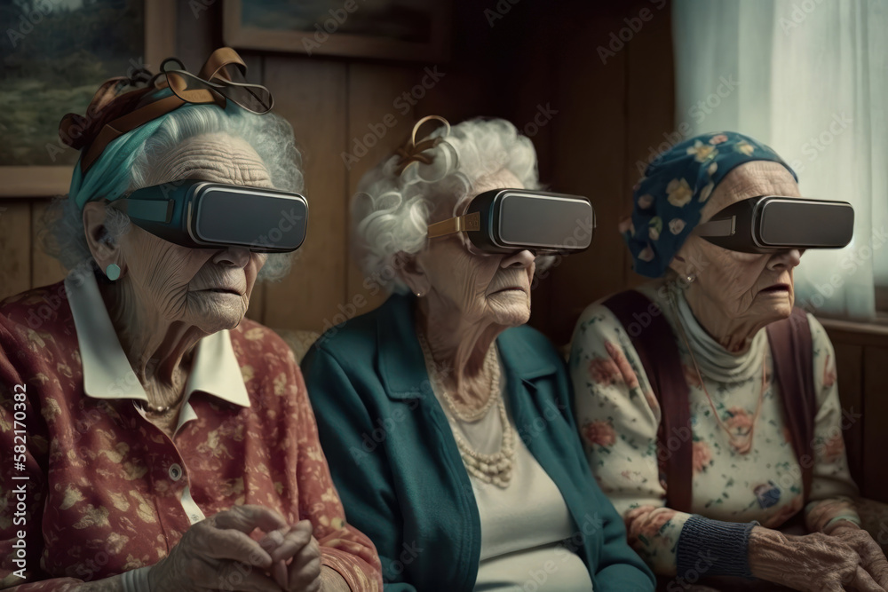 Senior women using virtual reality headset. Generative AI