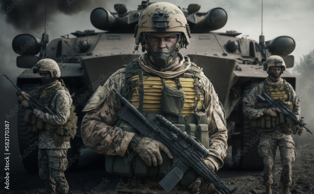 Fototapeta premium Soldiers in battle field. Army troops ready for war. Generative AI.