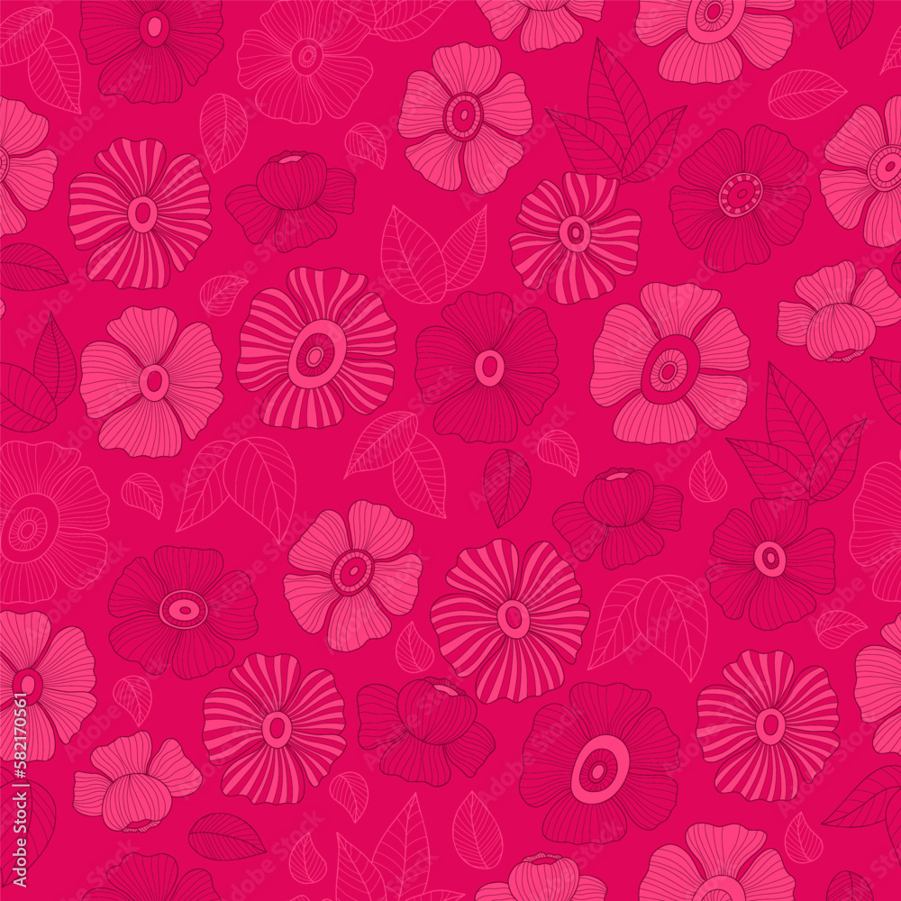 Retro floral seamless pattern with linear groovy flower on magenta background. Vector Illustration. Aesthetic modern art hand drawn for wallpaper, design, textile, packaging, decor.