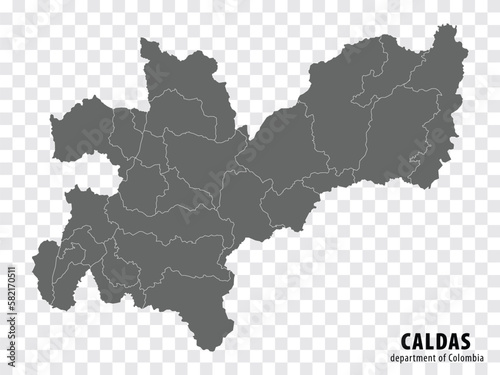 Caldas Department of Colombia map on transparent background. Blank map of Caldas with regions in gray for your web site design, logo, app, UI. Colombia. EPS10.