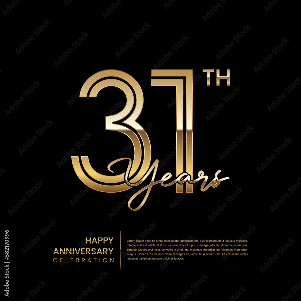 31th anniversary logo with double line style. Gold line art design. Logo Vector Template