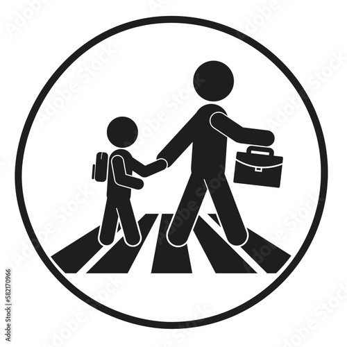 Isolated vector illustration of round black outline sign man or father hold his son or child hand while walking with briefcase and backpack, a pedestrian crossing