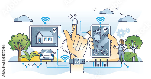 Wearable technology as health or activity tracking devices outline concept. Smart watch with sensors connection for pulse, heartbeat and oxygen level in blood vector illustration. Electronic devices.