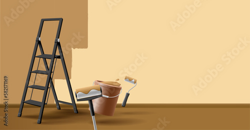 3D Room repair and restoration, painting works. Painting the wall in light brown color, bucket with paint, ladder and painting tools.