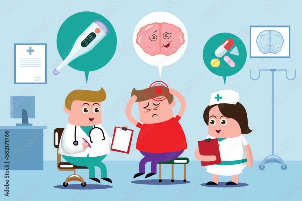 emotion cute brain vector illustration flat cartoon character, check up health together with doctor and nurse at hospital bad weak attack narcotics.