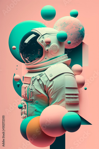 creative pastel colorful concept of modern astronaut, man in space suit flying on balls and balloons. Illustration. Generative AI.
