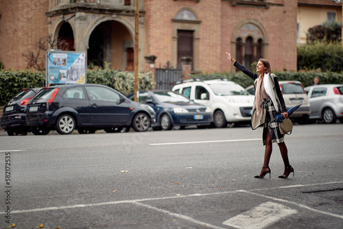 Businesswoman on the street stops taxi