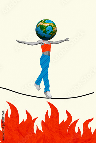 Fototapeta Naklejka Na Ścianę i Meble -  Creative environmental collage of freak young person with earth planet face risky go balance string above fire climate change concept