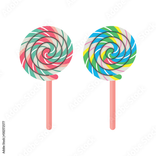 realistic colorful flat lollipop, sugar candy or gums on stick, vector set of sweet lollypops