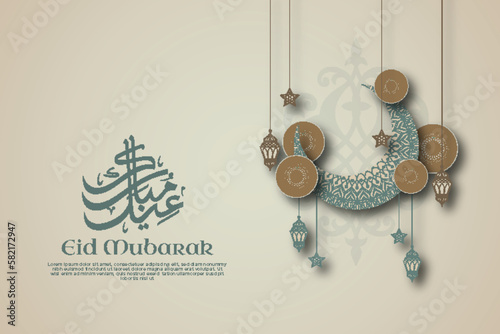 A islamic eid mubarak background illustration of a crescent moon with arabic calligraphy and arabic ornament paper effect style.