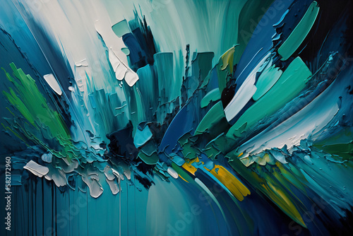 A modern abstract painting in shades of blue and green  photo