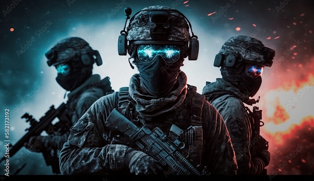 Group of soldiers, silhouettes military. Generative AI Group of soldiers, silhouettes military. Generative AI