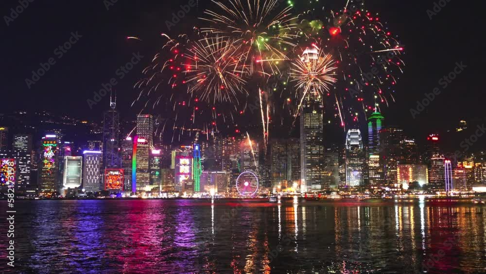 Chinese New Year fireworks at Victoria habour, Hong Kong, 4k