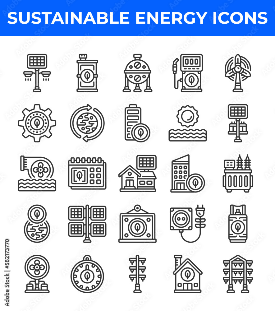 Sustainable energy line icon. Related to turbine, energy, nuclear, power, oil, battery, gastation. Editable stroke. Vector illustration