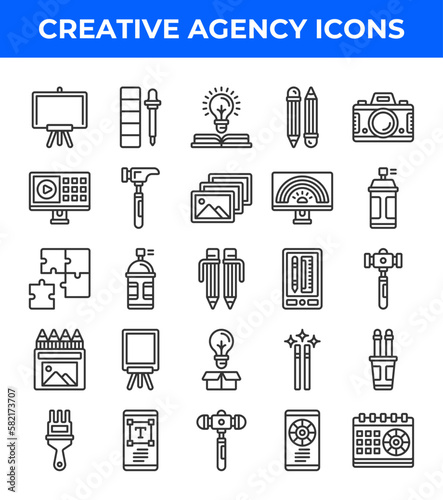 Creative agency line icon. Related to color palette, pen tablet, ruler, ideas, billboard, creative, computer, monitor, design, magic. Editable stroke. Vector illustration
