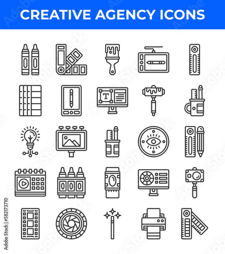 Creative agency line icon. Related to color palette, pen tablet, ruler, ideas, billboard, creative, computer, monitor, design, magic. Editable stroke. Vector illustration