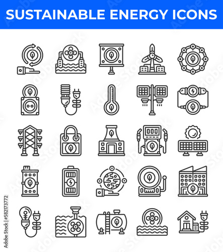 Sustainable energy line icon. Related to turbine, energy, nuclear, power, oil, battery, gastation. Editable stroke. Vector illustration photo