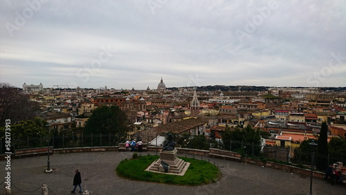 Rome, Italy - Apr 03 2018: View of Rome's skyline from Villa Borghese under a cloudy sky before the pandemic